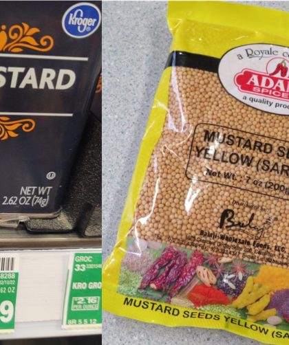 A can of Kroger brand mustard seed and a bag of mustard seed purchased in a South Asian store