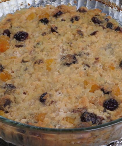 Baked Rice Pudding with golden raisins, dried cranberries, and choped dried apricots