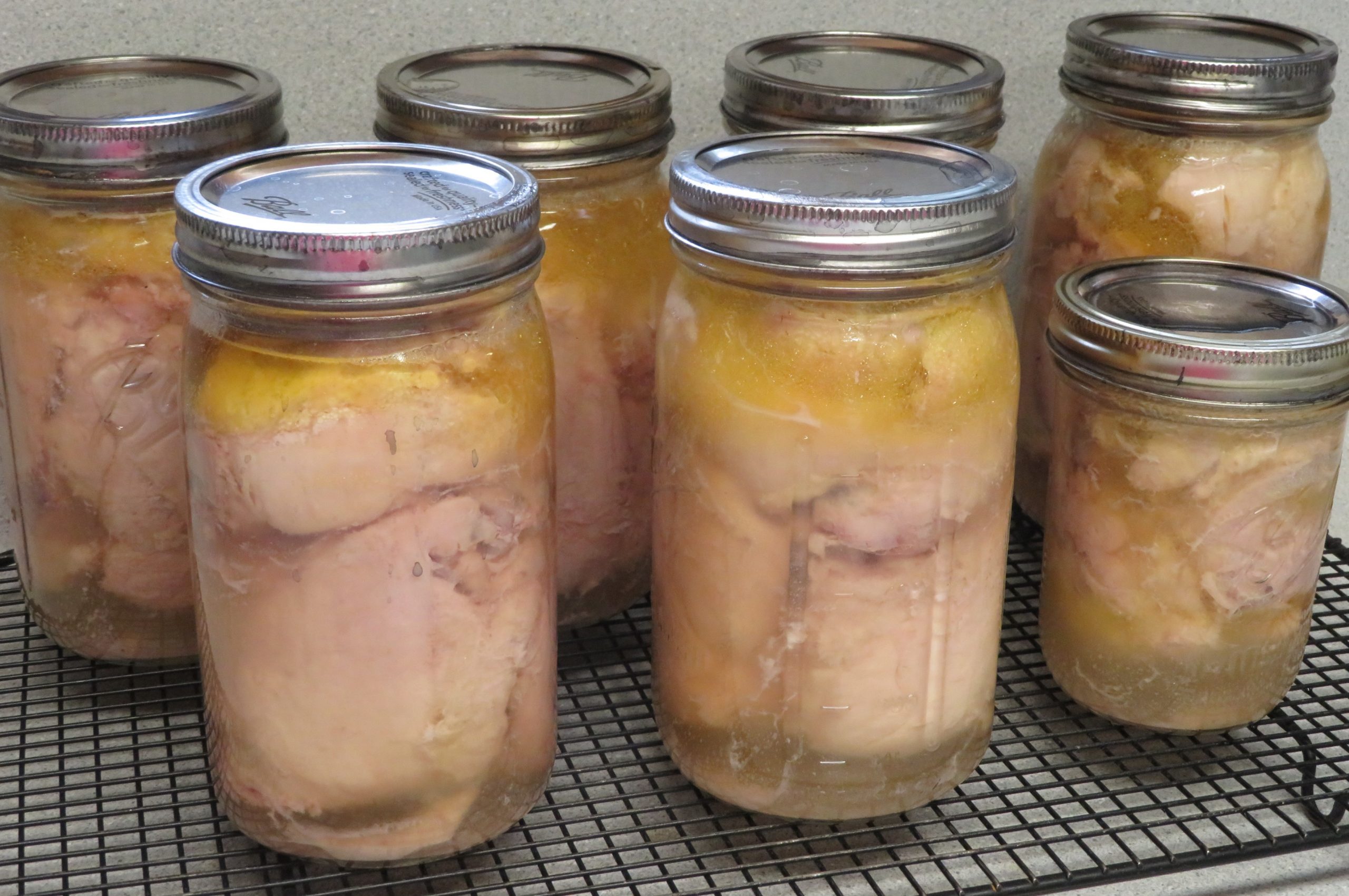 Quart and pint jars of bone in chicken thighs