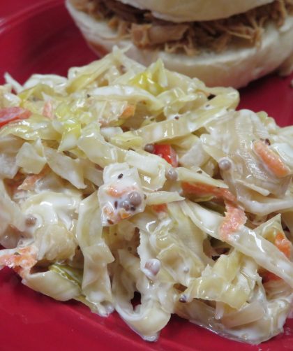 Pickled Cabbage Slaw on a red plate with a BBQ sandwich