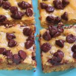 Chocolate Chip Cake Brownies on a turquoise plate