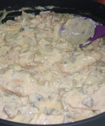 A skillet of chicken in mushroom cheese sauce