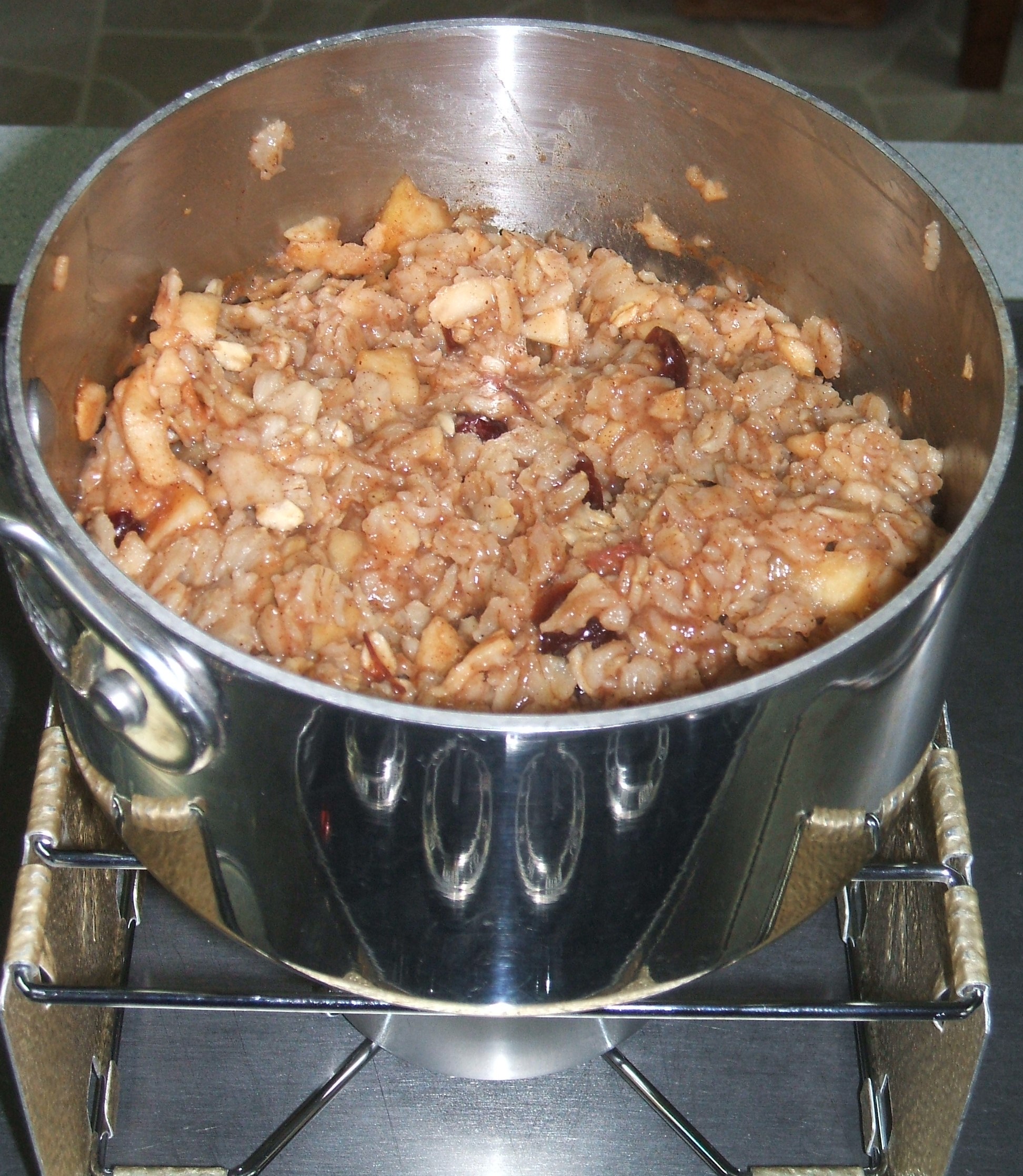 A saucepan of Oatmeal Kids Love on a Sterno stove