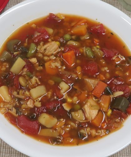 A bowl of Turkey Vegetable Soup adapted to the pantry