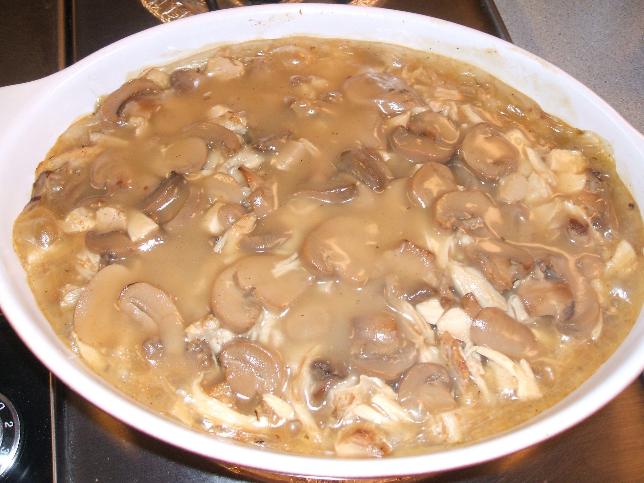 Turkey and Stuffing in a casserole dish