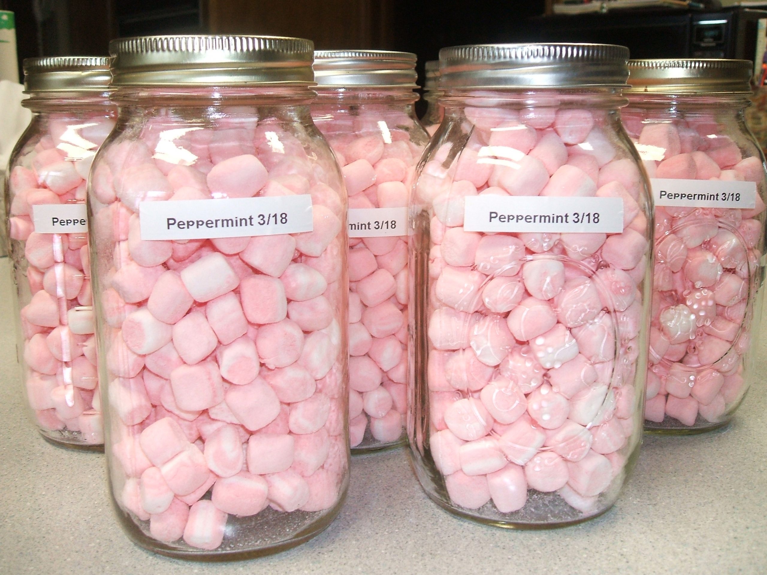 Dehydrated peppermint marshmallows in quart jars