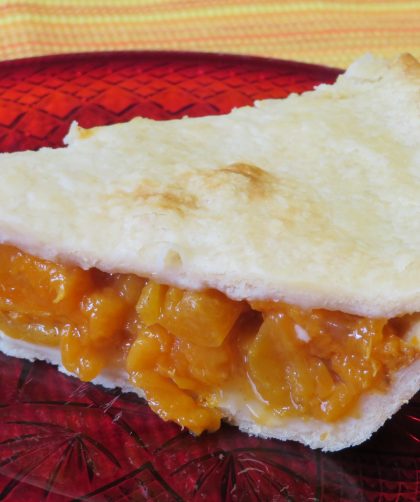 A slice of apricot pie on a plate