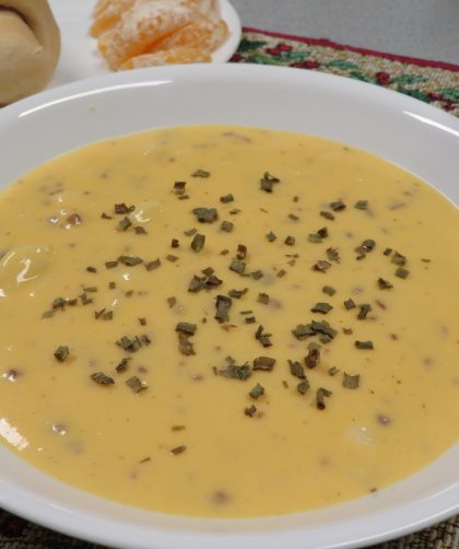 A bowl of baked potato soup