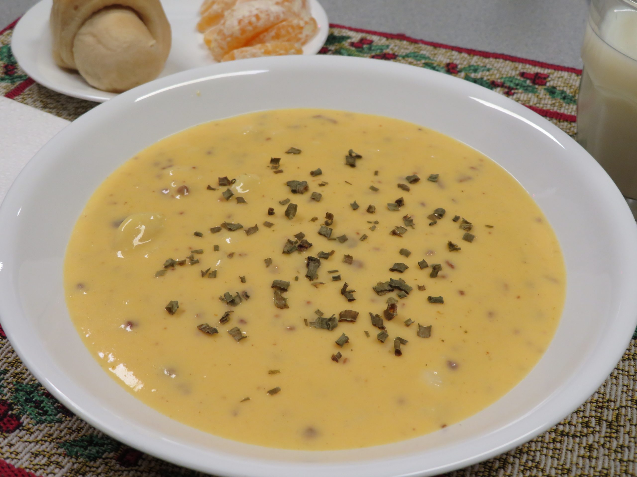 A bowl of baked potato soup