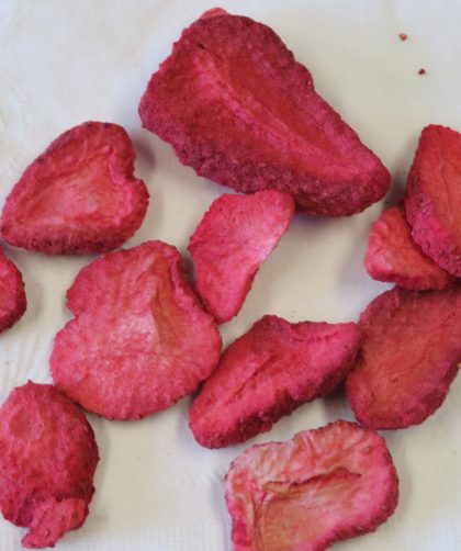 Freeze dried aliced strawberries spread on a napkin