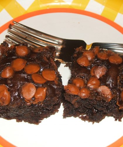 Two Mexican Chocolate Cake Brownies on a paper plate