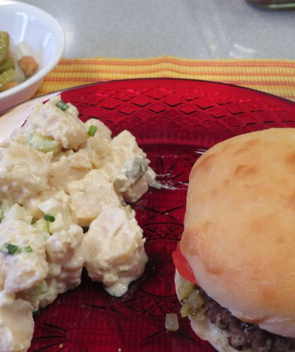 Hamburger on a red plate with potato salad and 3-bean salad in a bowl