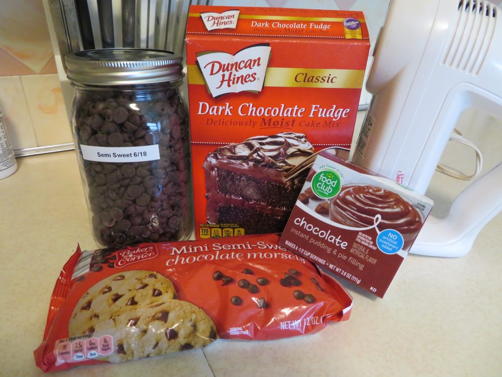 Ingredients for Chocolate Chocolate Chip Cake Brownies cake mix, chocolate chips, pudding, mini chocolate chips