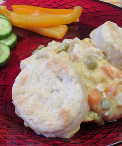 Chicken Pot Pie on a red plate with sliced cucumbers and orange bell pepper sticks