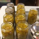 Jars of sweet zucchini relish ready for canning