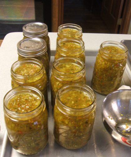 Jars of sweet zucchini relish ready for canning