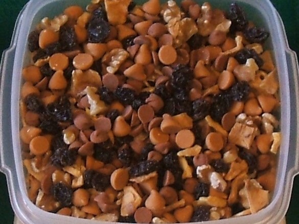 Autumn Trail Mix dried apples, raisins, walnuts, and cinnamon and butterscotch baking chips