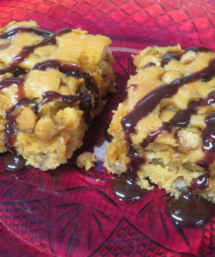 Butterscotch Bars drizzled with chocolate syrup on a red plate