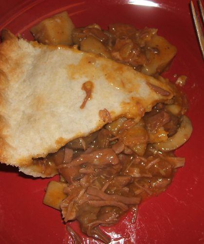 A slice of Beef and Mushroom Pie on a red plate