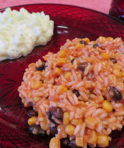 Black Bean Tomato Rice on a red plate